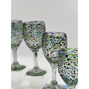 Set Of 4 Mexican Hand Blown Wine Glasses Confetti  Multicolor